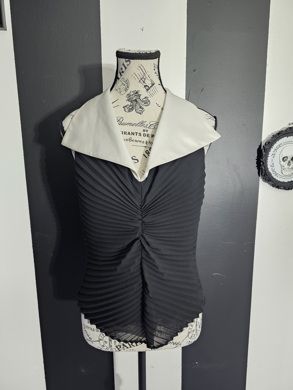 Joseph Ribkoff Black Pleated Sleeveless Top with White Collar